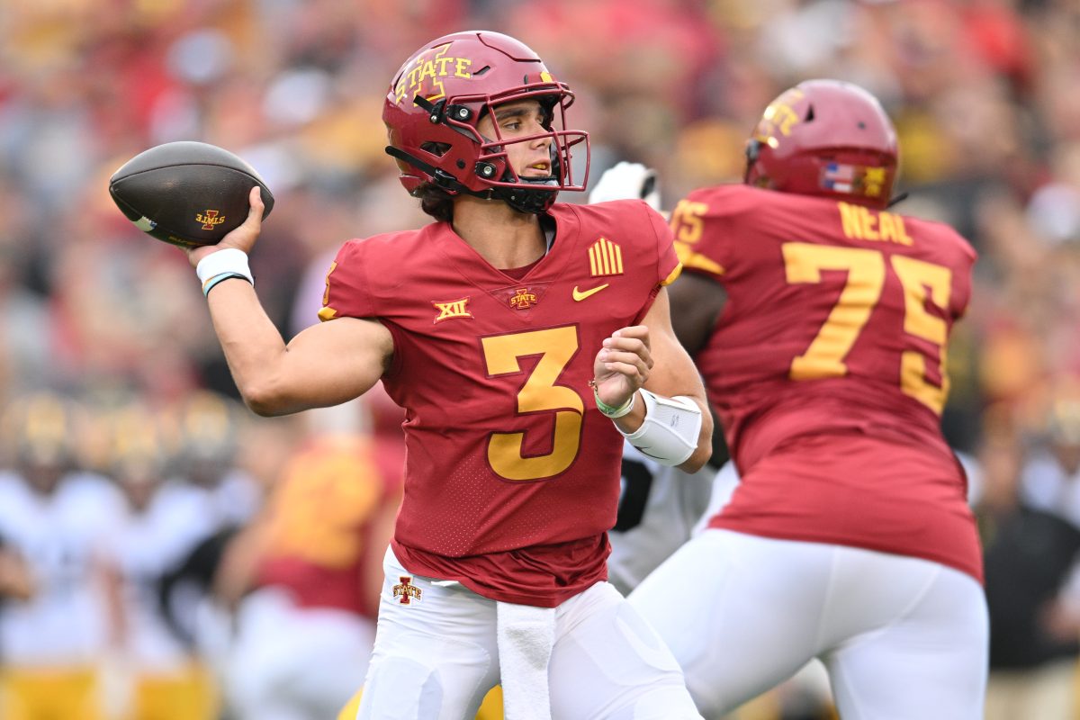 Sep 9, 2023; Ames, Iowa, USA; Iowa State Cyclones quarterback Rocco Becht (3) throws a pass against the Iowa Hawkeyes during the first quarter at Jack Trice Stadium. Mandatory Credit: Jeffrey Becker-USA TODAY Sports