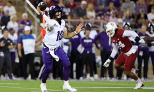 Aug 30, 2024; Stanford, California, USA; TCU Horned Frogs quarterback Josh Hoover (10) looks to pass the ball during the first quarter against the Stanford Cardinal at Stanford Stadium. Mandatory Credit: Sergio Estrada-USA TODAY Sports