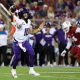 Aug 30, 2024; Stanford, California, USA; TCU Horned Frogs quarterback Josh Hoover (10) looks to pass the ball during the first quarter against the Stanford Cardinal at Stanford Stadium. Mandatory Credit: Sergio Estrada-USA TODAY Sports