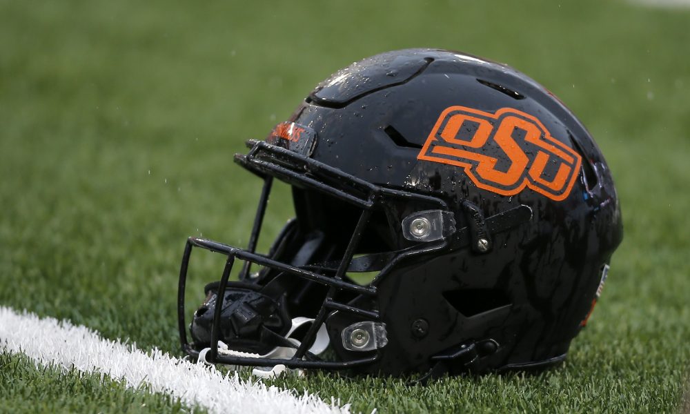 Nov 26, 2022; Stillwater, Oklahoma, USA; An Oklahoma State helmet is seen before a college football game between Oklahoma State and West Virginia at Boone Pickens Stadium in Stillwater, Okla., Saturday, Nov. 26, 2022. Mandatory Credit: Bryan Terry-USA TODAY Sports