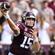 Sep 23, 2023; College Station, Texas, USA; Texas A&M Aggies quarterback Conner Weigman (15) throws the ball during the second quarter against the Auburn Tigers at Kyle Field. Mandatory Credit: Maria Lysaker-USA TODAY Sports