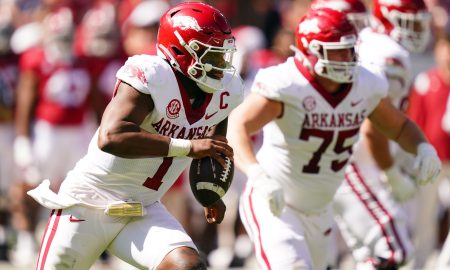 Oct 14, 2023; Tuscaloosa, Alabama, USA; Arkansas Razorbacks quarterback KJ Jefferson (1) rolls out during the fourth quarter against the Alabama Crimson Tide at Bryant-Denny Stadium. Mandatory Credit: John David Mercer-USA TODAY Sports
