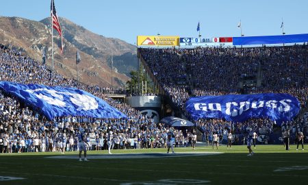 Oct 21, 2023; Provo, Utah, USA; The Brigham Young Cougars students display TIFOs before kickoff against the Texas Tech Red Raiders at LaVell Edwards Stadium. Mandatory Credit: Rob Gray-USA TODAY Sports