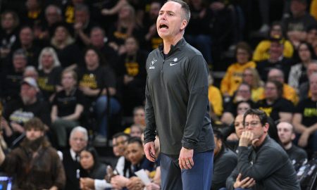 Mar 25, 2024; Iowa City, IA, USA; West Virginia Mountaineers head coach Mark Kellogg reacts during the second quarter against the Iowa Hawkeyes of the NCAA second round game at Carver-Hawkeye Arena. Mandatory Credit: Jeffrey Becker-USA TODAY Sports