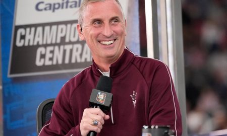 Arizona State University head basketball coach Bobby Hurley is interviewed on TNT's pregame broadcast Men's before the NCAA national championship game at State Farm Stadium.