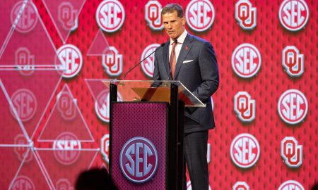 Jul 16, 2024; Dallas, TX, USA; Oklahoma head coach Brent Venables speaking at Omni Dallas Hotel. Mandatory Credit: Brett Patzke-USA TODAY Sports