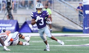 Aug 31, 2024; Manhattan, Kansas, USA; Kansas State Wildcats running back Dylan Edwards (3) finds room to run during the first quarter against the Tennessee-Martin Skyhawks at Bill Snyder Family Football Stadium. Mandatory Credit: Scott Sewell-USA TODAY Sports